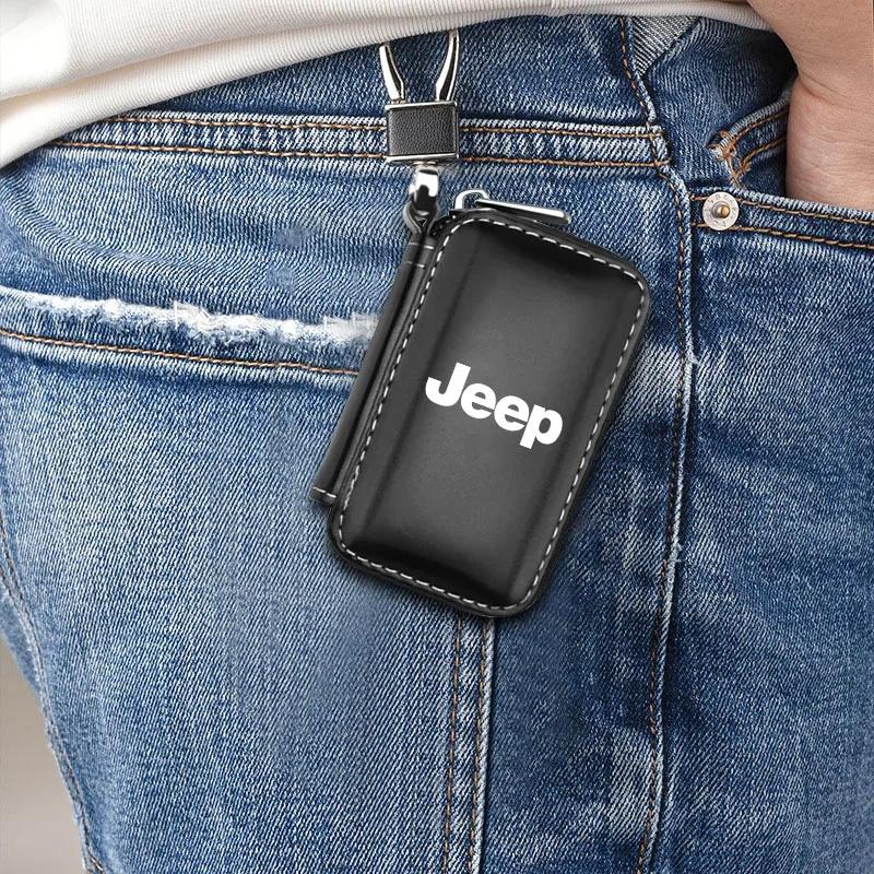 AIY5 Leather Metal Car Key Fob Case Zipper Keychain for Jeep Renegade Wrangler JK JL Grand Cherokee Compass Auto Interior Accessories