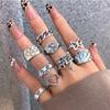 Vintage Silver Color Heart Chain Butterfly Rings Set for Women Men Punk Poker Flower Finger Rings Trend Jewelry Party