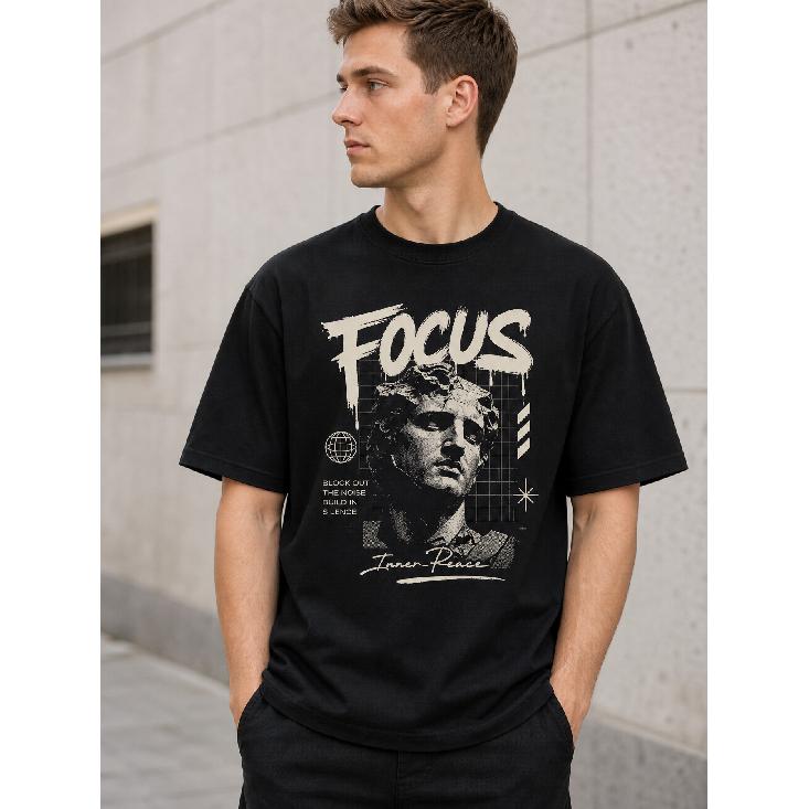 Men's Black Graphic Tee with Focus Statue Print, Relaxed Fit Short Sleeve Crew Neck Soft Cotton Casual Streetwear for Daily Wear