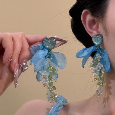 Тканевые шифоновые серьги-цветы с бахромой, милые, маленькие, свежие клипсы для ушей, модные, с высоким чувством темперамента