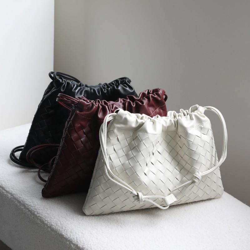 Genuine Lamb Leather Woven Clutch Crossbody Bag Women Soft Square Shoulder With Drawstring