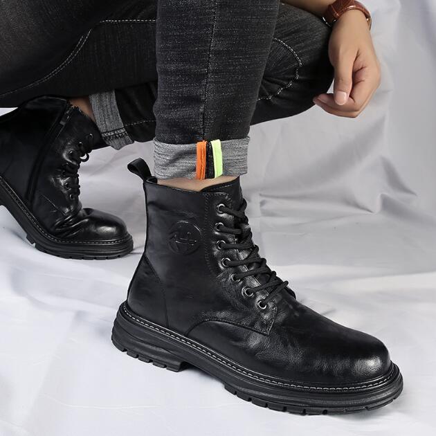Новые мужские туфли из натуральной кожи, высокие трендовые рабочие туфли на толстой подошве, ретро-британские мужские мотоциклетные ботинки с флисом D434