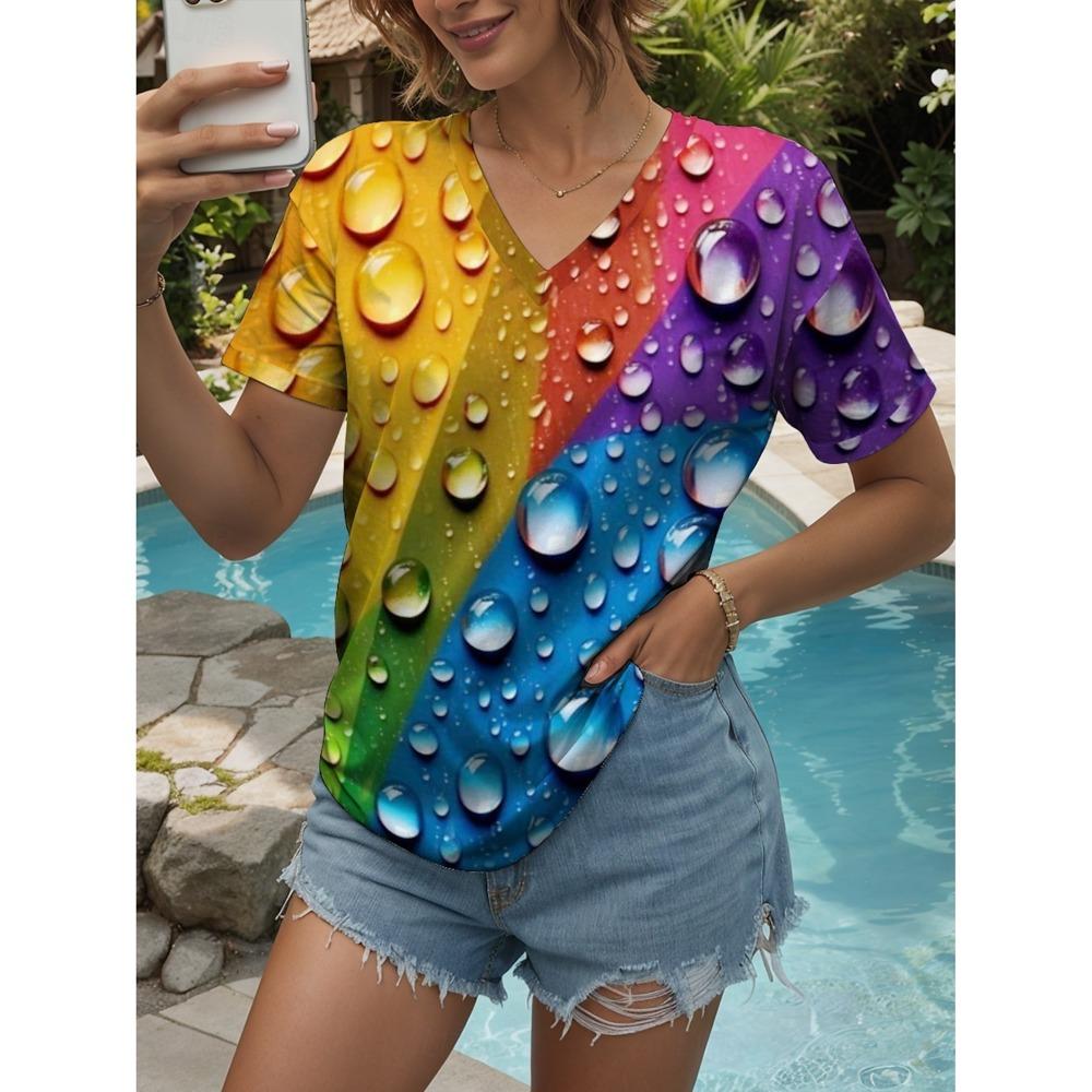 Summer New Women's T-shirt 3D Simple Printing V-neck Short Sleeve Shirt Fashion Women's T-shirt Clothing Y2k Women's T-shirt