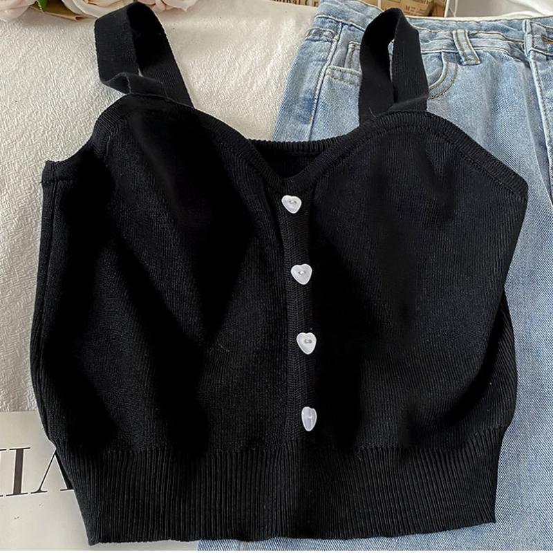 ITOOLIN Женские вязаные укороченные топы Y2K, милые однотонные топы без рукавов на бретелях на пуговицах, сексуальные укороченные топы летом