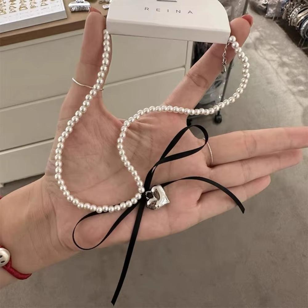 Heart Bow Choker Pearl Clavicle Chain Trend Pendant Necklace  Women