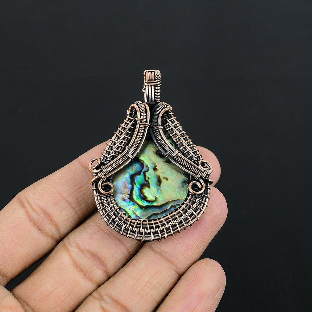 Abalone Shell Pendant, Handmade Gemstone Pendant, 999 Copper Wire Wrapped Pendant Antique Jewelry, For Engagement Gift