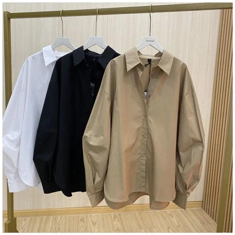 Осенняя корейская мода, однотонная простая рубашка с длинными рукавами и фонариками, топы с отложным воротником, женская свободная одежда, Blusas 29581