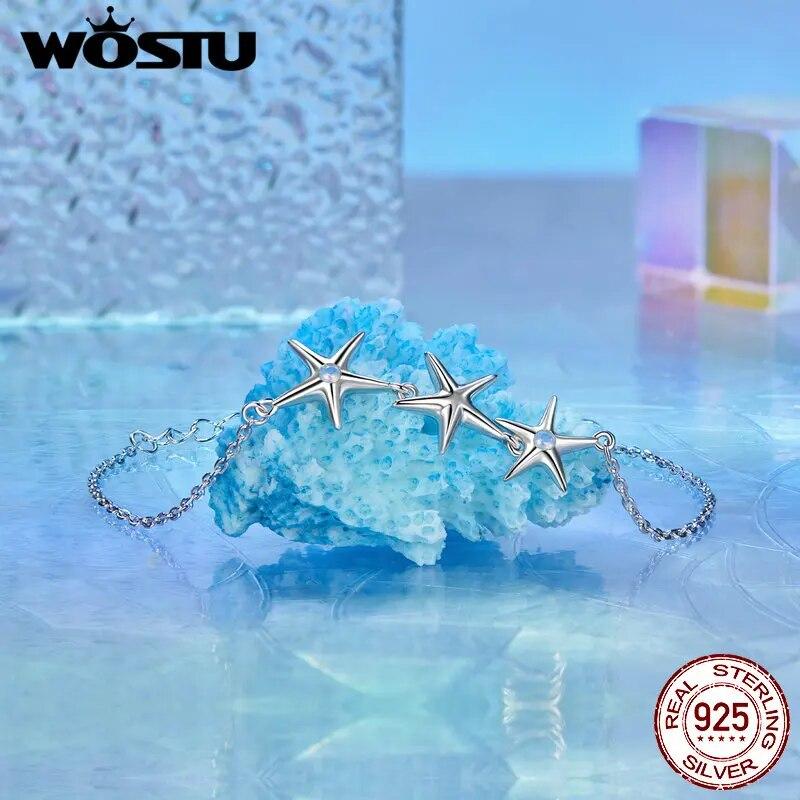WOSTU 925 Sterling Silver Blue Opal Starfish Chain Bracelet For Women Cute Ocean Animal Adjustable Link Girl Party Birthday Gift