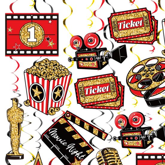 48 шт. подвесных завитков для вечернего показа фильмов, украшения из фольги, потолочные подвесные завитки, пленочный фон для вечеринки в стиле кино