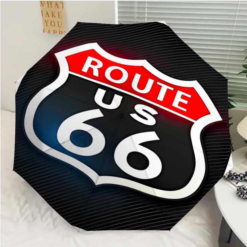 НАС. Автоматический зонт с принтом Route 66, 8 спиц, железный каркас, пластиковая ручка, подходит для путешествий на открытом воздухе и на каждый день, идеальный подарок
