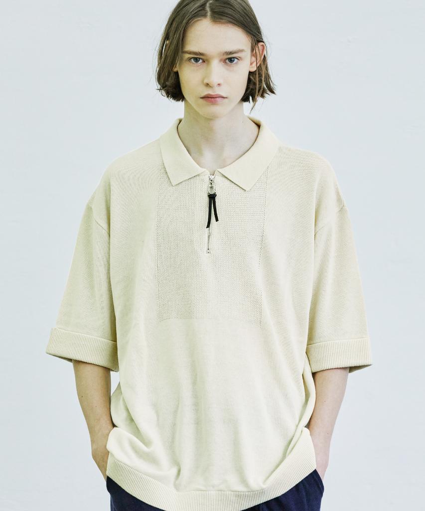 SSY Square Chest Zipper-Up Polo Short Sleeve Knit Cream