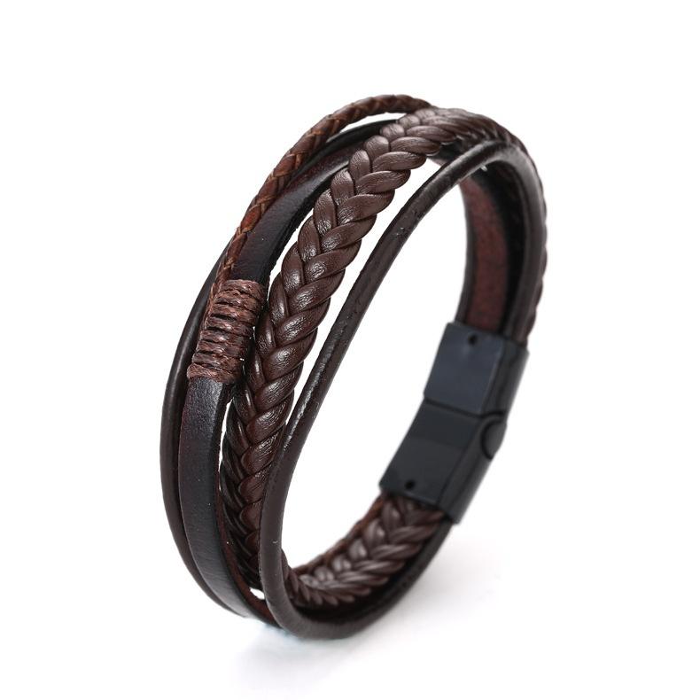 Fashion Classic Men's Leather Rope Bracelet Woven Leather Ethnic Style Bracelet Punk Metal Magnet Buckle Personality Bracelet