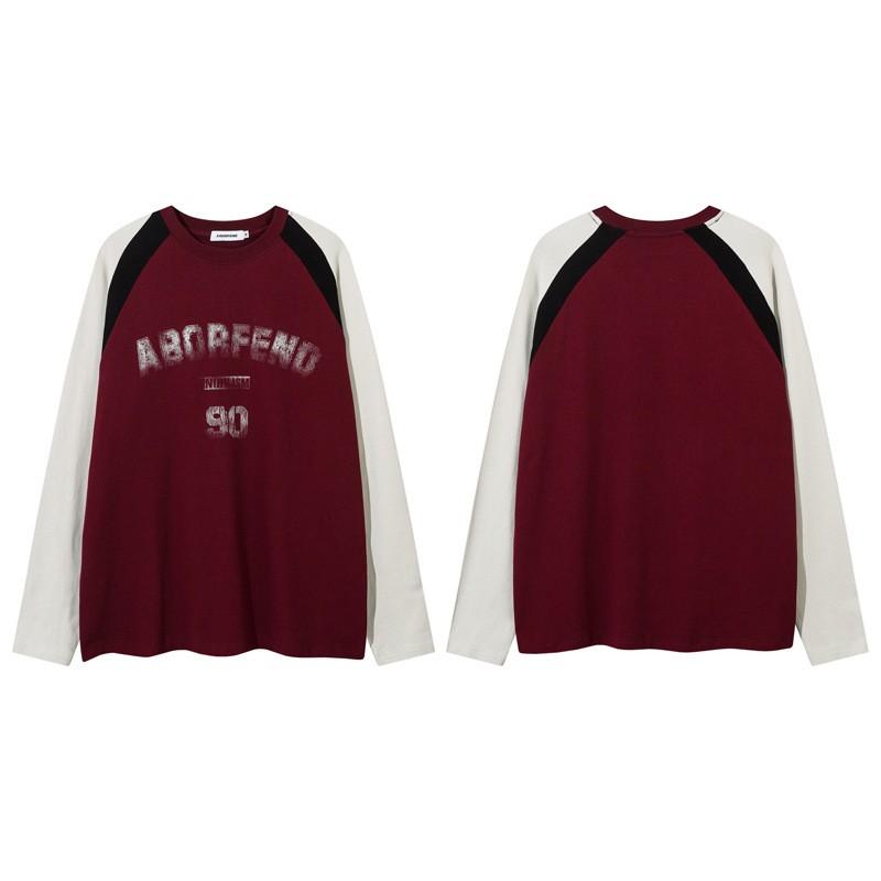 Unisex Oversized Campus Style Long Sleeve Tee With Contrast Color Panel Abstract Print