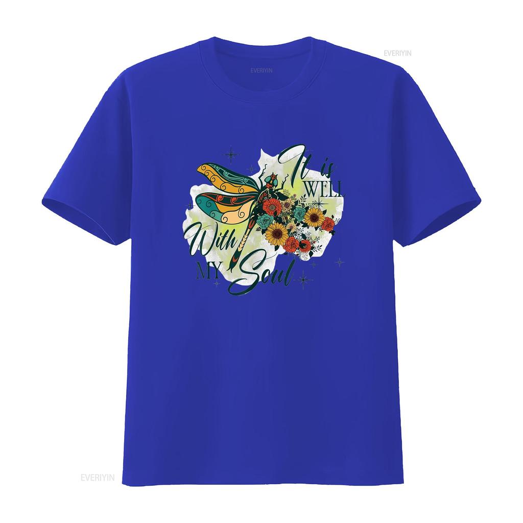 It is Well with My Soul Dragonfly Flowers Womens Summer Tops T Shirt White vintage Washed Soft Top For Everyday Wear Stretched