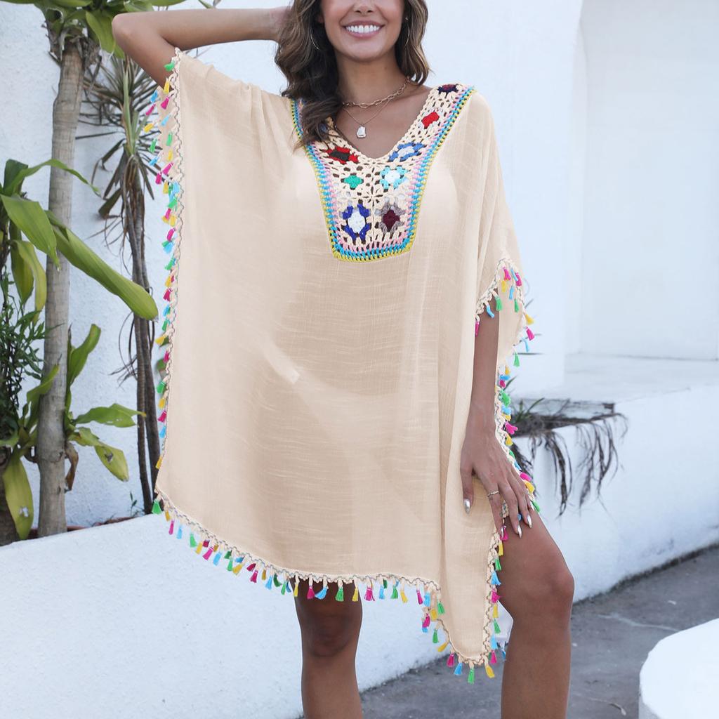 Женская солнцезащитная блузка с разрезом и v-образным вырезом, связанная крючком вручную в стиле пэчворк с цветочным принтом