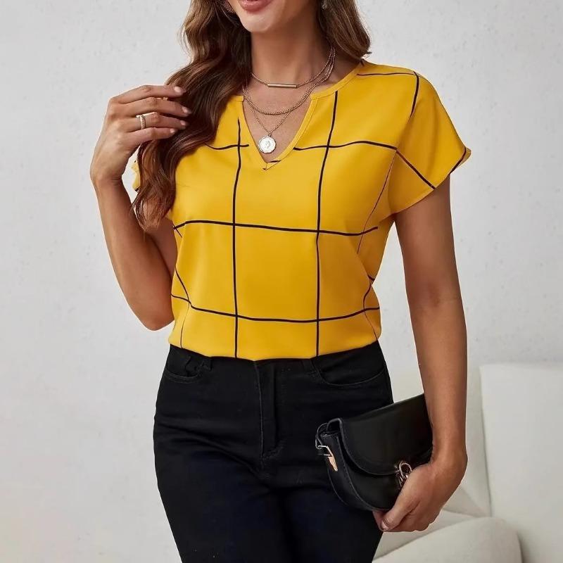 Women V Neck Short Sleeve Summer Loose Casual Plaid Print T Shirt