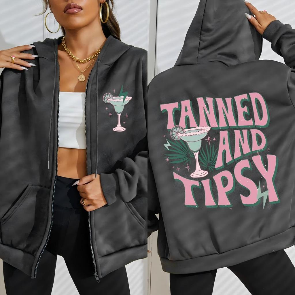 Tanned And Tipsy Pattern Printing Woman Zipper Hoodie Autumn Fleece Clothes Comfortable Hoody Oversized Sportswear