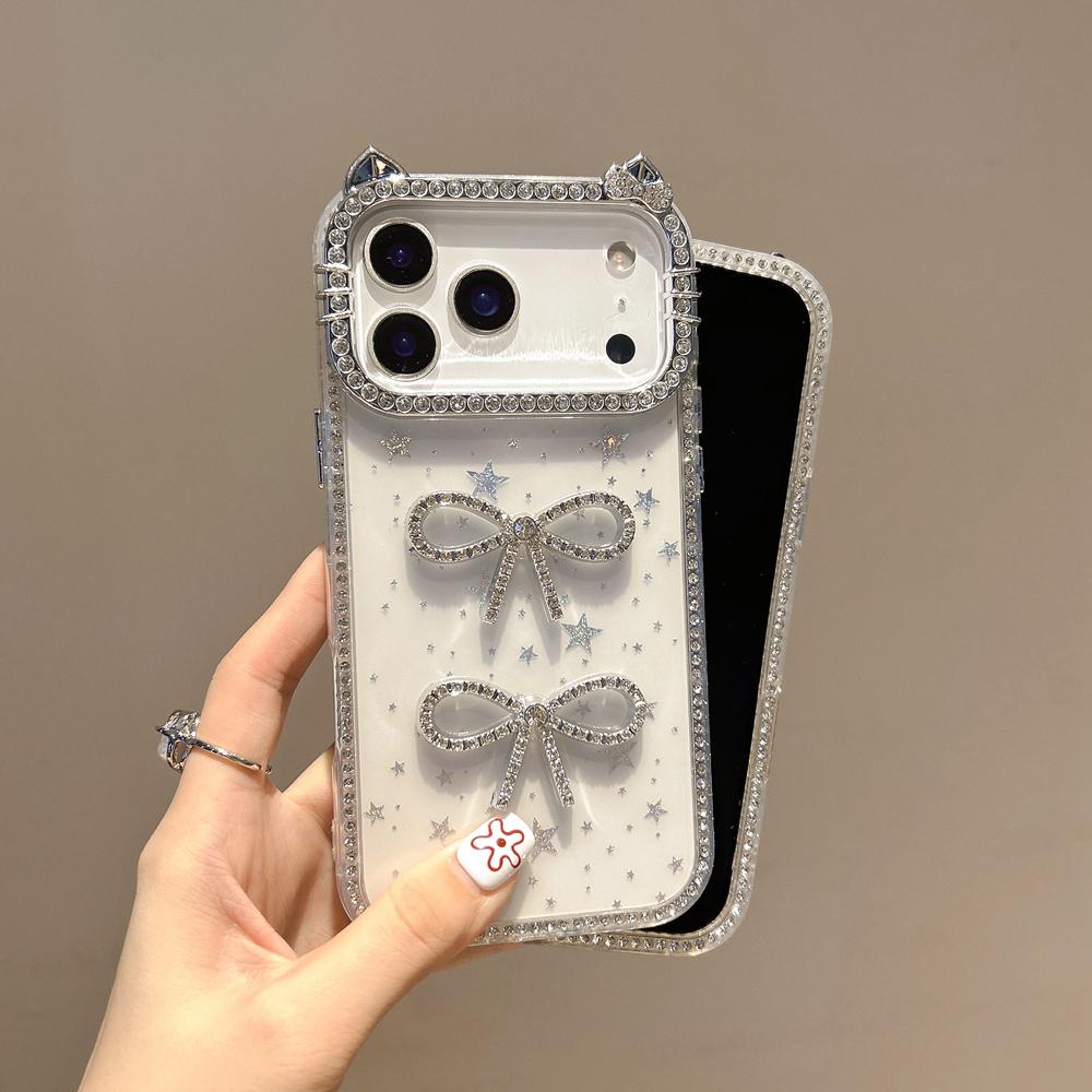 KEYSION Милый 3D Чехол для телефона с кошачьими ушками, прозрачный, для iPhone 12 13 Pro Max 11, с блестками, украшенный драгоценными камнями, с бантиком, противоударная задняя крышка