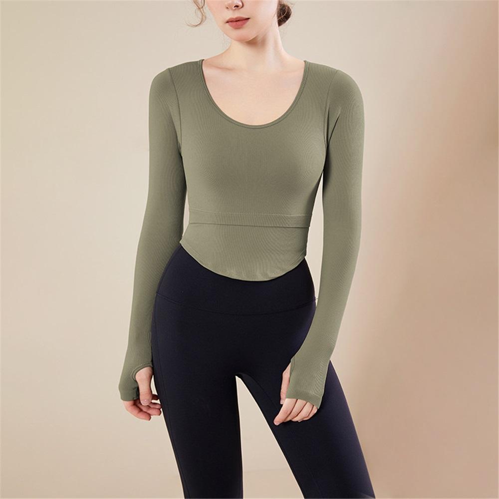 Ribbed Nude Slimming Yoga Suit Long Sleeved Women's Chest Cushion U-neck Outerwear Running Fitness Top