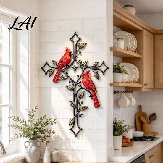 Christian Gift for Friends Metal Cardinals Wall Art Red Bird Religious Symbol Home Decorations Decor Decoration Living Room Entryway Porch