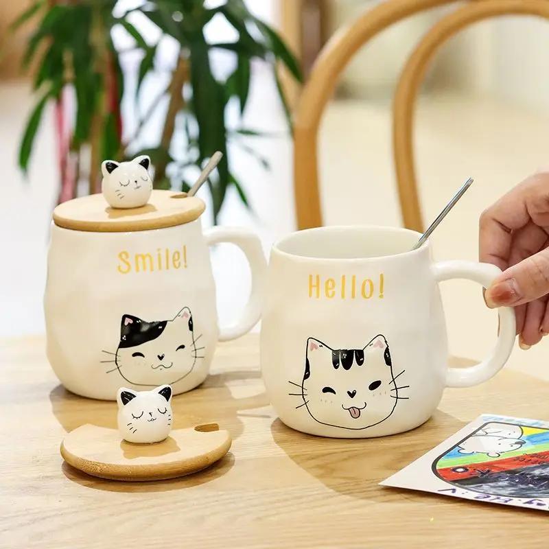 Creative Cartoon Ceramic Cup With Lid and Spoon Cute and Different Cups of Coffee Breakfast Milk Coffee Cup Office Cat Mug Mugs