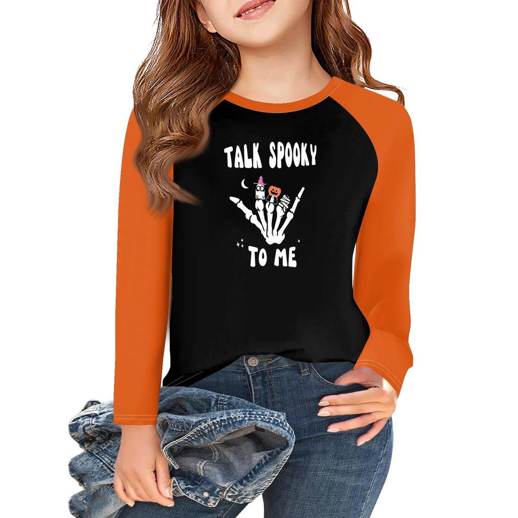 Футболки с длинным рукавом для девочек на Хэллоуин, детские осенние топы с круглым вырезом, базовые футболки 5-14 лет