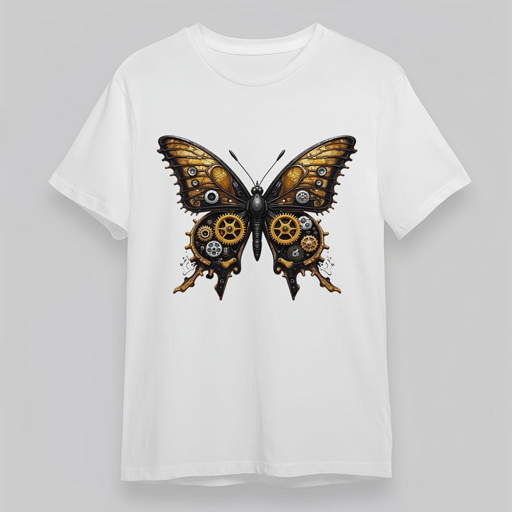 Men's Steampunk Cotton T-Shirt Butterfly Gold Gear Short Soft Tee Oversize White