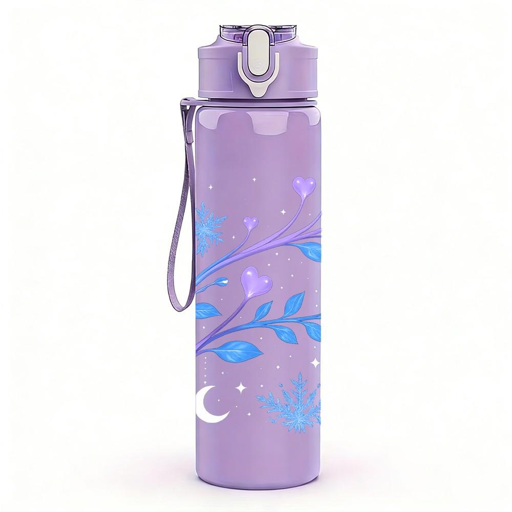 1PC Blue Purple Branch Floral Art Print 750ml Color Plastic Sports Water Bottle Leakproof Flip Straw Lid Suitable for Sports Office Home Use