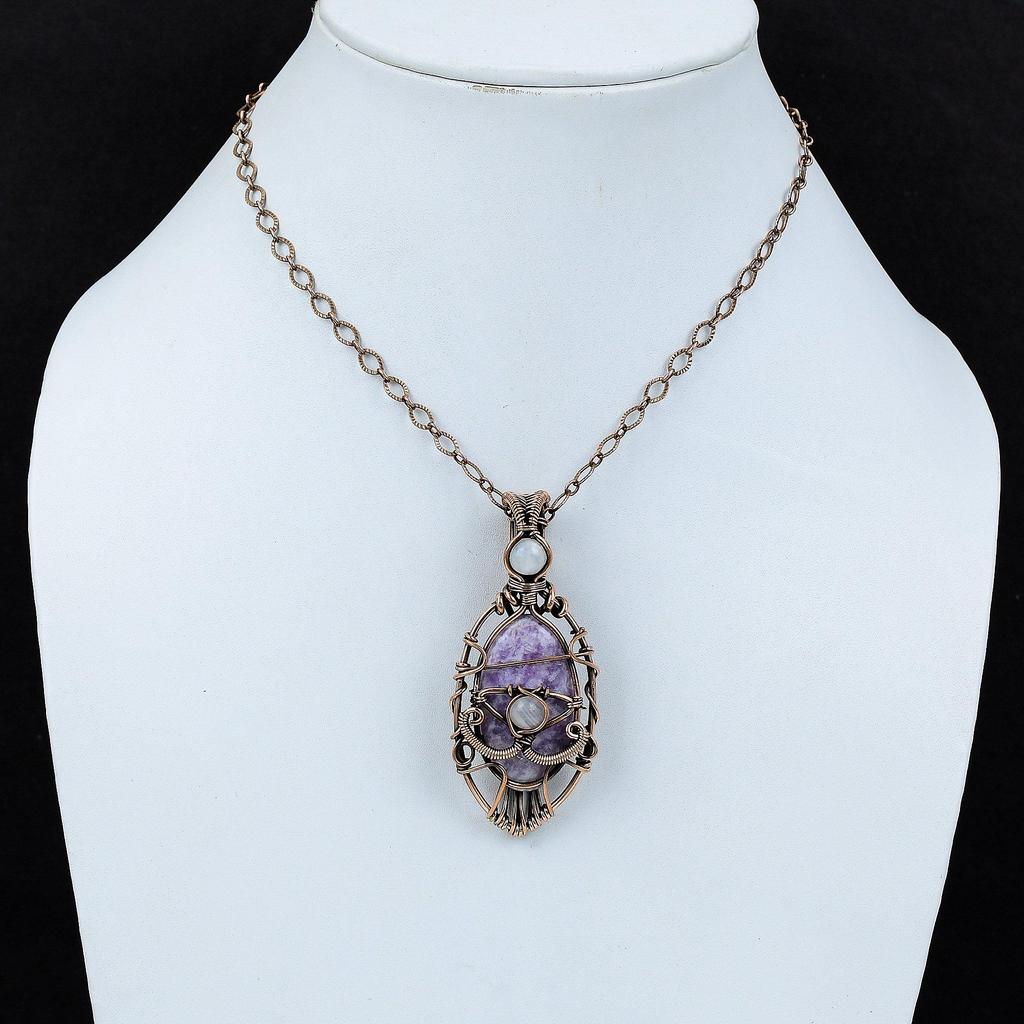 Подвеска из лепидолита от сглаза, обернутая медной проволокой, подвеска из радужного лунного камня, подарок для нее, подвеска из медной проволоки ручной работы