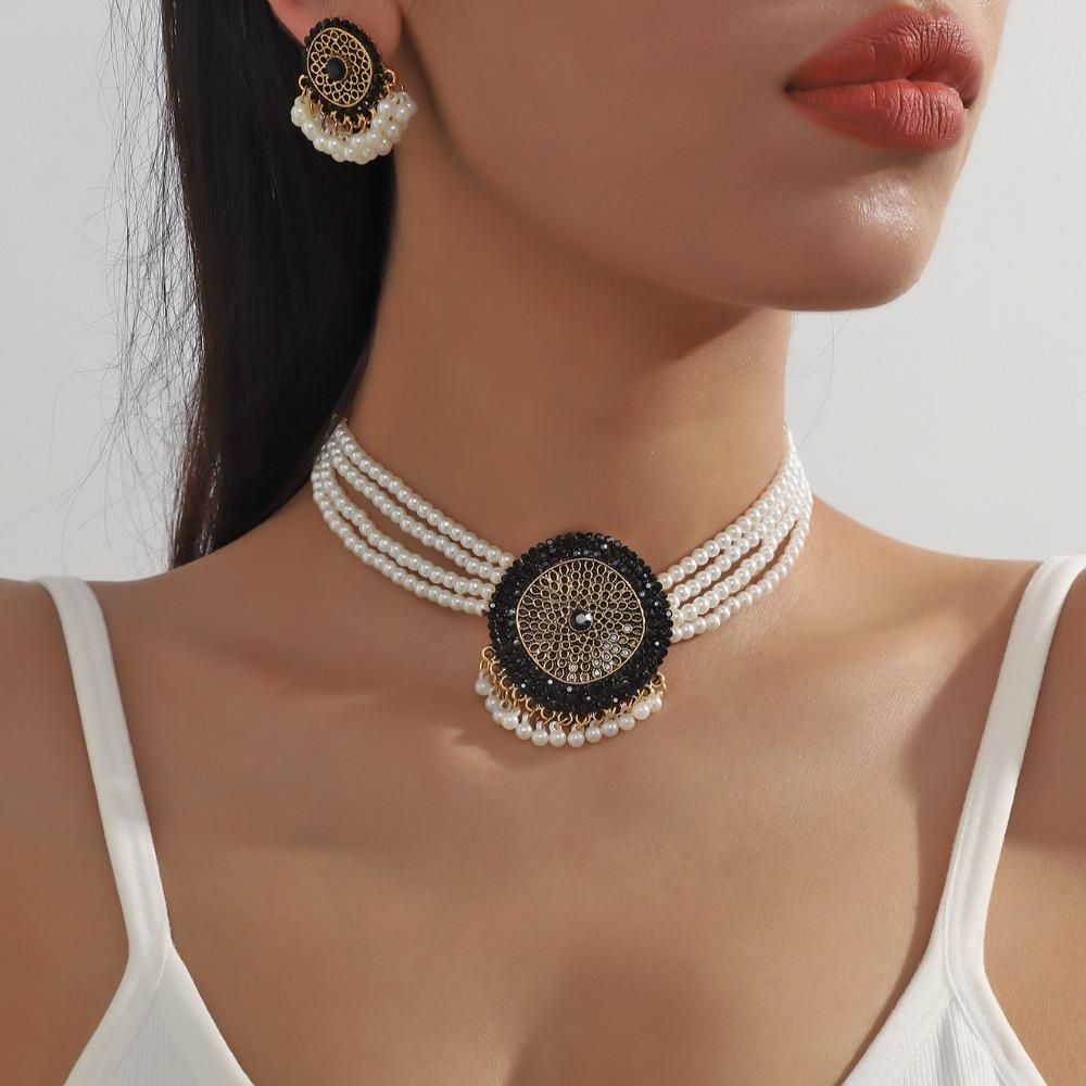 Luxury Retro Jewelry Set Tassel Choker Necklace Set Fashion Rhinestone Necklace Earrings Ladies