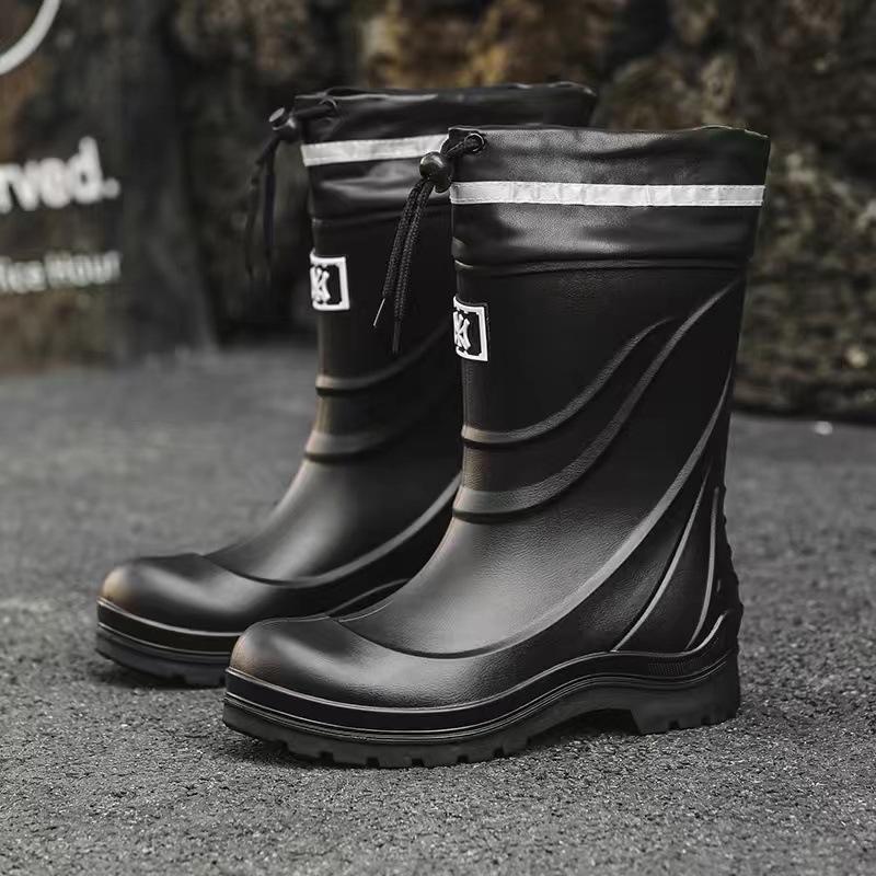 High Tube Rain Shoes Men's Non-slip Waterproof Fashion Medium Tube Rain Boots Warm Rubber Shoes Kitchen Work Long Tube Water Shoe Cover Shoes