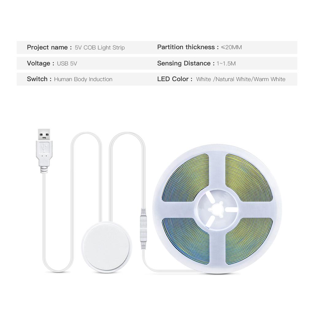 5V USB COB LED Strip Lights Hand Sweep Touch Sensor Dimmer Switch High Density Flexible LED Tape Bedroom Kitchen Mirror Lighting