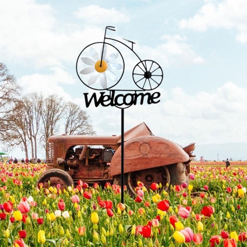 Garden Stake Welcome Windmills Bicycles Flower Wind Spinner Outdoor Spinning Wheels Yard Insert Decorative Iron Stakes