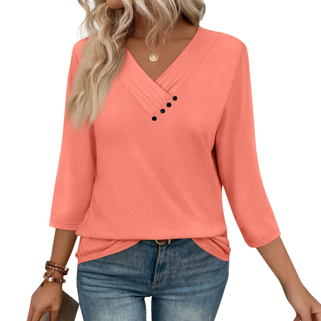 Womens 3/4 Sleeve Daily Weekend V Neck Casual Printed Tshirts Loose Fit Pleated Tees Button Down Shirts