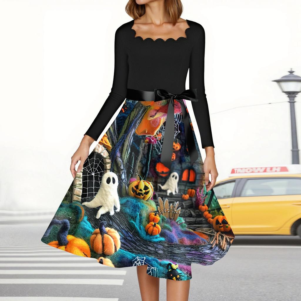 Женское повседневное модное платье винтажного стиля с квадратным вырезом и принтом на Хэллоуин