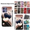 Handmade PU Leather Flip Case for Motorola Edge 50 Pro Anti-Slip Shockproof Cover with Wrist Strap & Heart/Rose Cat Designs