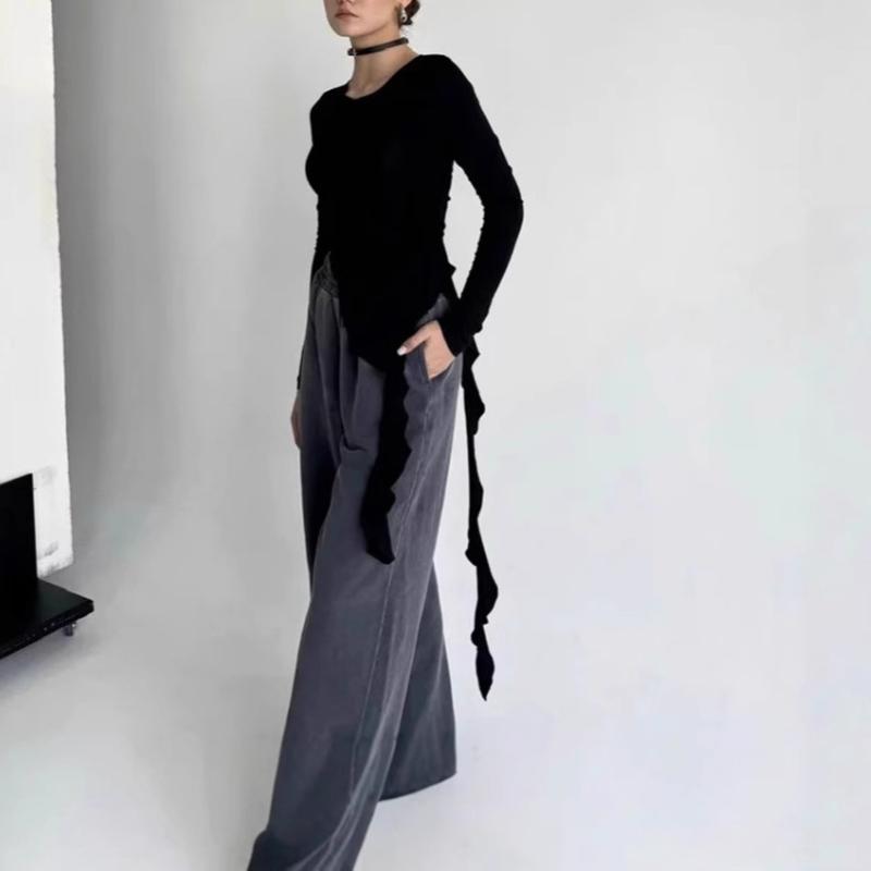 Европейская и американская осенняя мода, дизайн со вставками, топ с неровным кружевом в виде лепестков лотоса и лентами