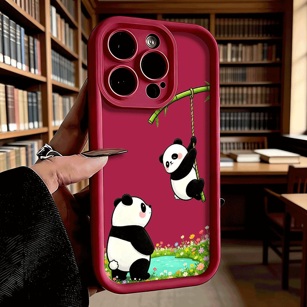 Cute Pandas Playing on Bamboo Soft TPU Phone Case for iPhone 17 16 15 14 13 12 11 Pro Max Plus Shockproof Anti-Slip Cover