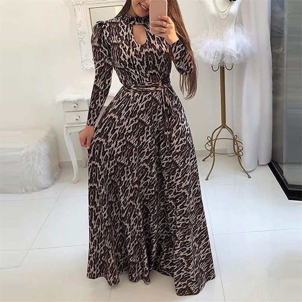 Fashion Womens Printing High Collar Long Sleeve Big Hem Skirt Casual Dress