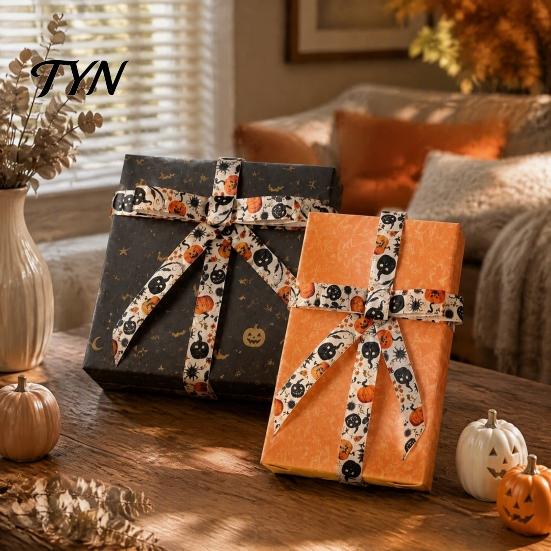Festive Decorative Fabric Ribbon Halloween Ribbon, 5 Yards 5/8" Pumpkin Spider Web Printed Theme for Gift Wrapping, DIY Wreath Bow Crafts, Party