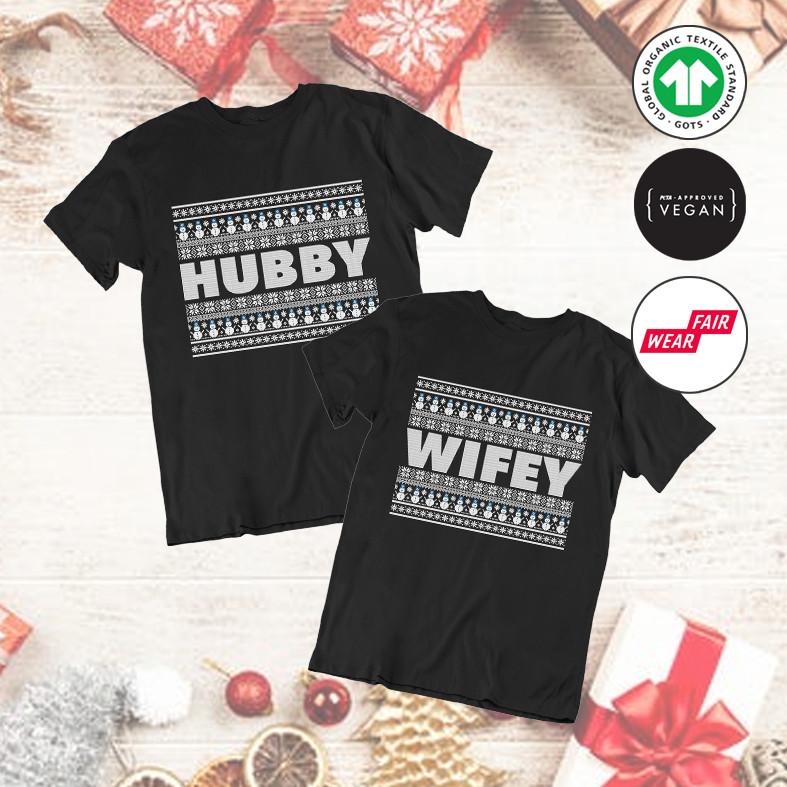 Hubby Wifey Matching Pattern Christmas T-Shirt Mens Womens Tees Tops Adults Married Husband Wife Gift