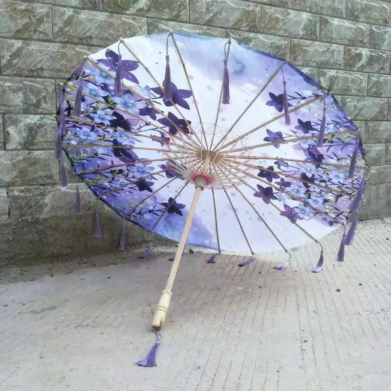 1PC with Tassel Classical Women's Umbrella for Hanfu Accessories Satin Cloth Photograph Props Fairy Ancient Parasol