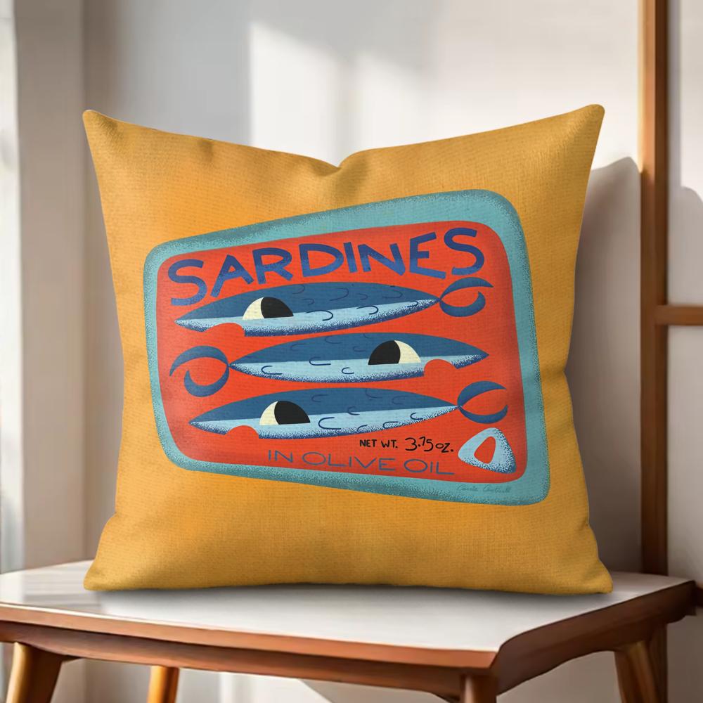 Sardines Art Cushion Cover Natural Linen Organic Fabric DoubleSided Printing Couch Pillow Covers Home Decor