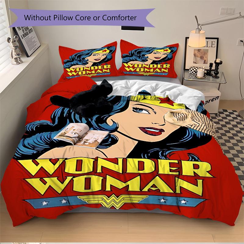 3pcs Wonder Woman Bedding Set, Soft Polyester Duvet Cover and Pillowcases Machine Washable Seasons all suitable & Guest Room Decor282