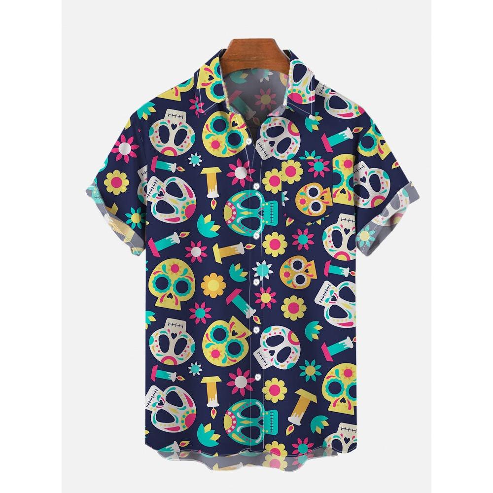 Men's Shirts Mexican Style Skull Pattern 3D Print Tops New Summer Casual Fashion Beach Party Tops Short Sleeves Men Clothing
