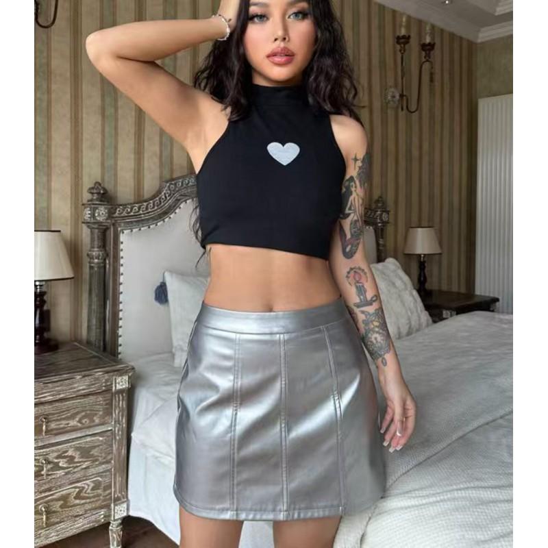 Vintage PU Leather A-Line Mini Skirt High Waist Slim Fit Versatile Party Women