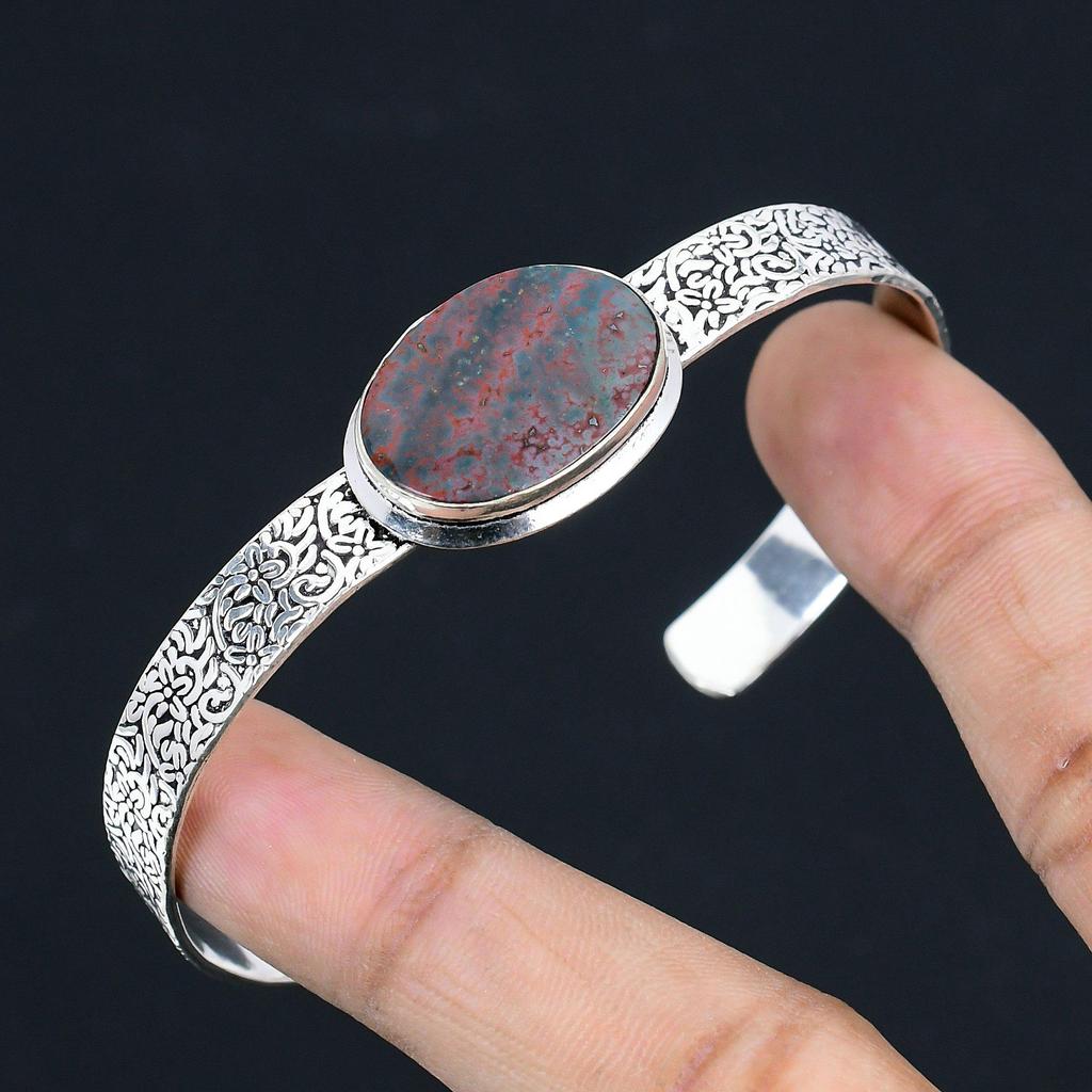 Daughters Day Sale Oval Bloodstone Stone Sterling Silver Handmade Bangle Jewelry