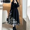 Female Fashion Design Sense Irregular Niche Floral Long Dress Hepburn Style Tied Long-sleeved Dresses