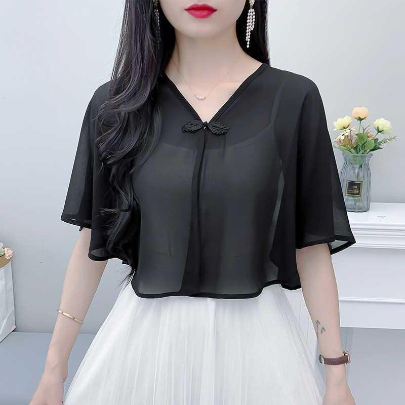 Women's Summer Chiffon Shawl with Camisole Dress and Lightweight French Style Cardigan Cover-Up