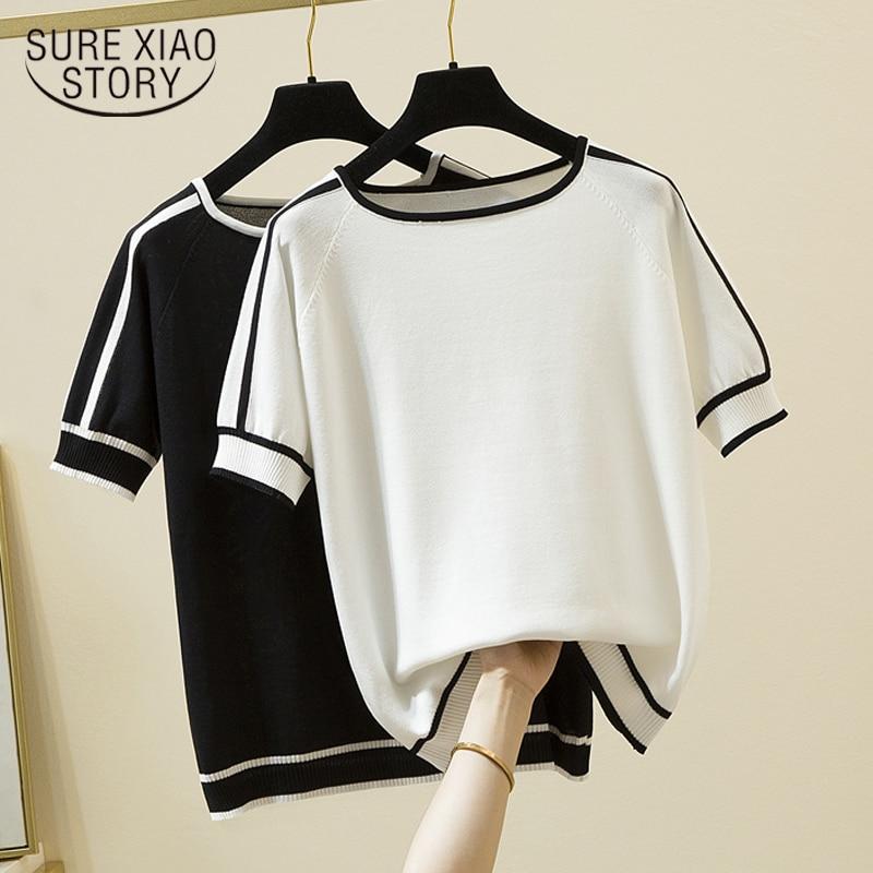 2023 тонкая вязаная футболка женская мода с коротким рукавом летние топы стежка белая футболка футболка Y2k женская одежда 18841